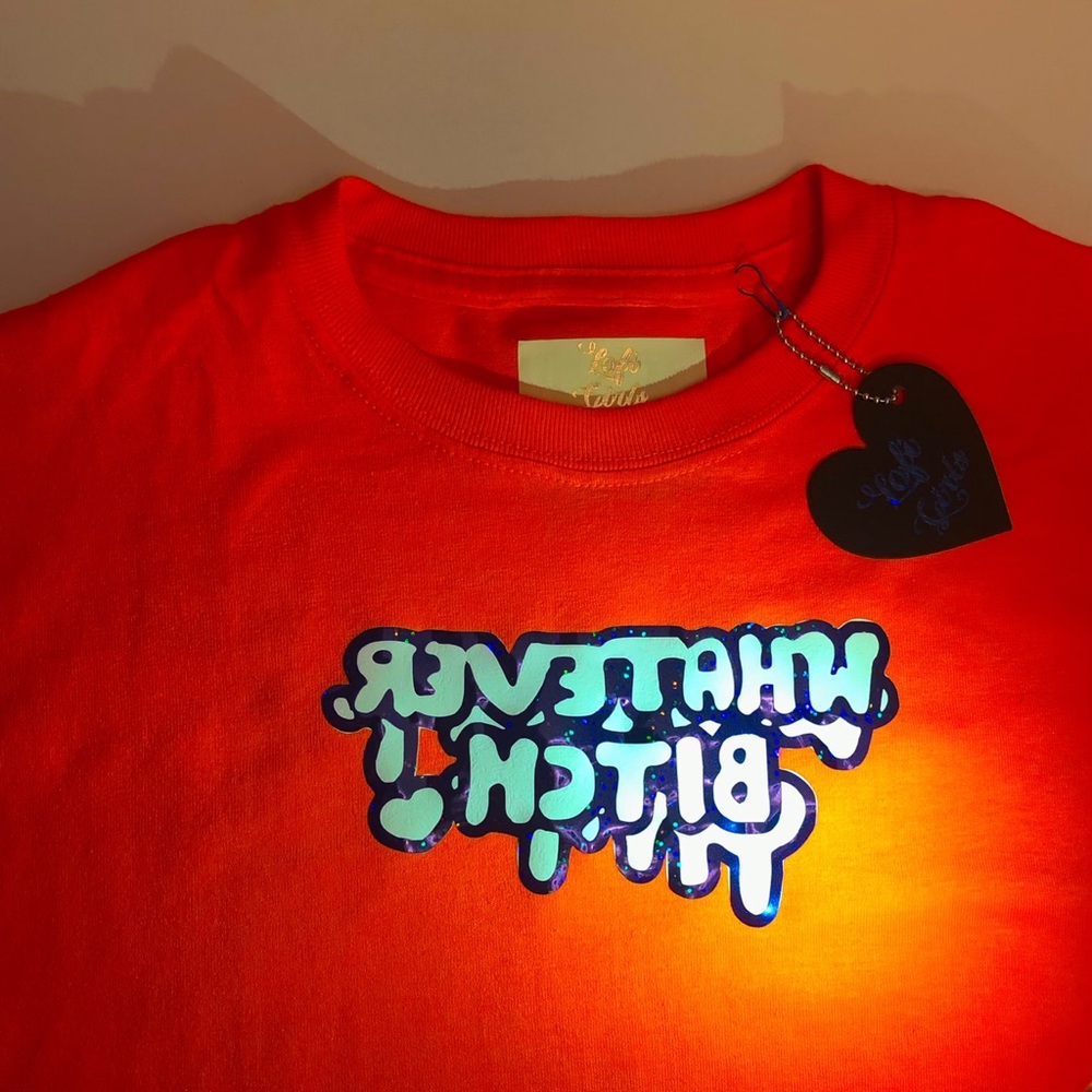 Whatever Bitch Mirrored Graffiti Quote Holographic Iridescent Vinyl Shirt - Picture 5 of 9